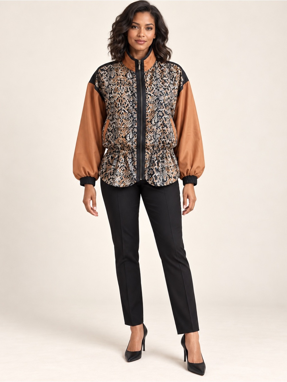 Vintage East West 100% Silk Snake Print Peplum Zip Jacket Funnel Neck Women M